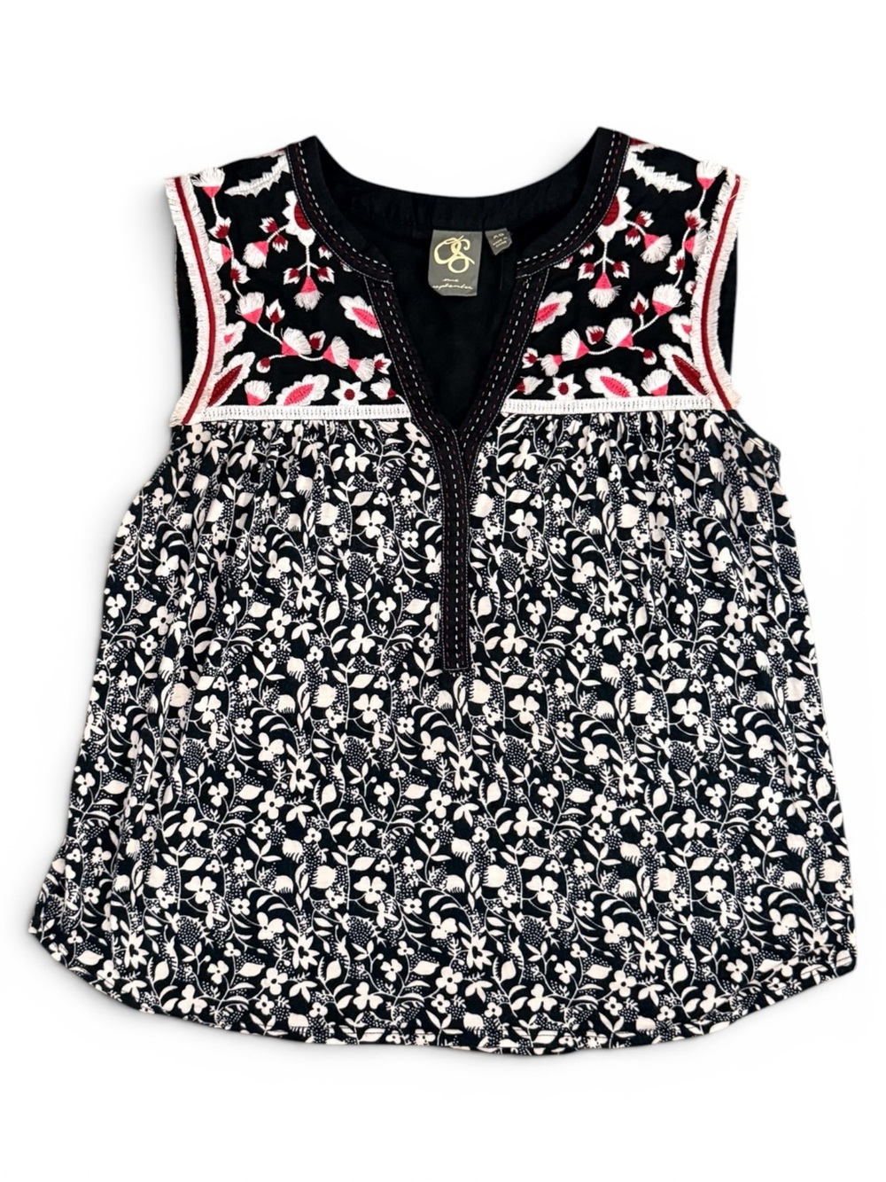 One September Embroidered Floral Boho Sleeveless Top Black XS Peasant Tank